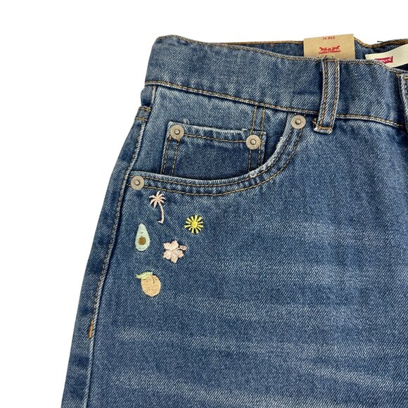 Levis Skate Shorts Girls Size 14 Blue Denim Patchwork Embroidered Loose Fit - Picture 3 of 14